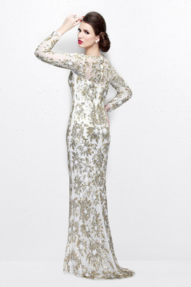 Primavera Couture - Long Sleeve Luxurious Floral Sequined Long Sheath Gown 1401