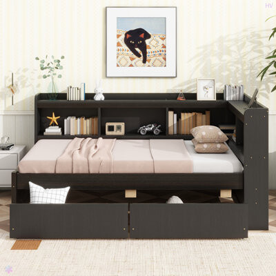 Lark Manor L-Shaped Bookcases Bed With Power Outlets, USB Charging Ports,Two Drawers
