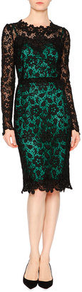Dolce & Gabbana Long-Sleeve Lace Dress W/Contrast Slip, Black/Green