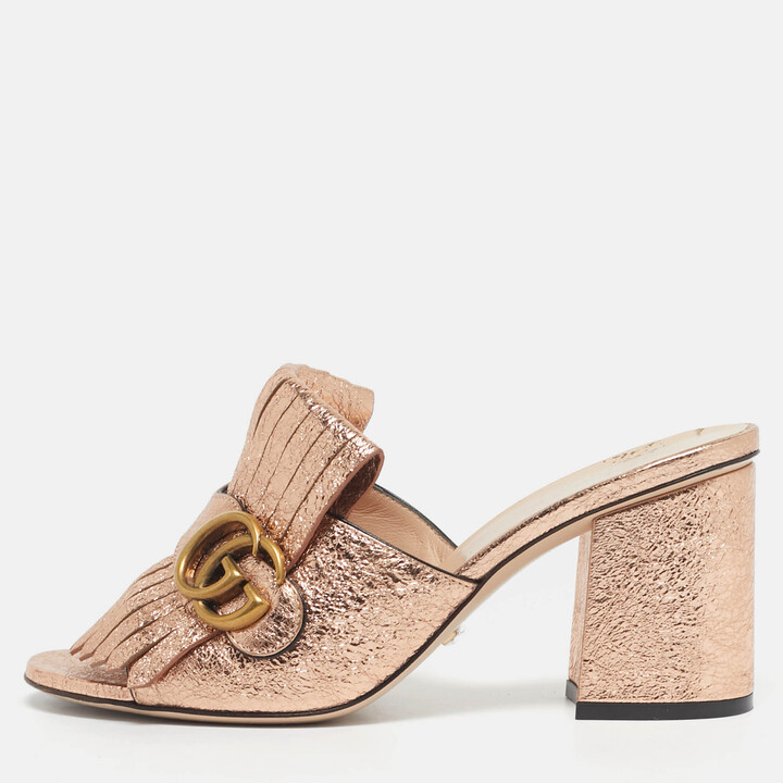 Gucci Metallic Leather GG Marmont Fringe Details Open Toe Sandals Size 37