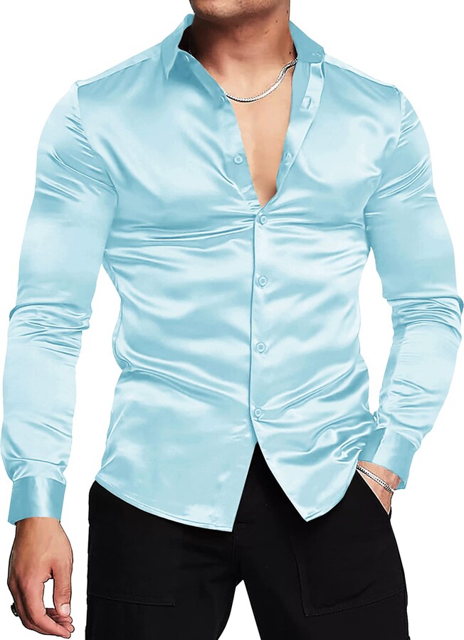 URRU Men's Luxury Shiny Silk Like Satin Dress Shirt Long Sleeve