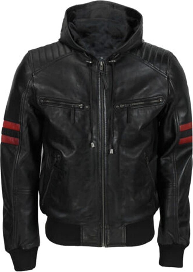 e_Genius Men's Black Quilted Slim Fit Bomber Real Leather Jacket with