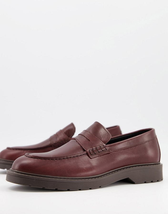 Selected leather penny loafers with chunky sole in burgundy - ShopStyle