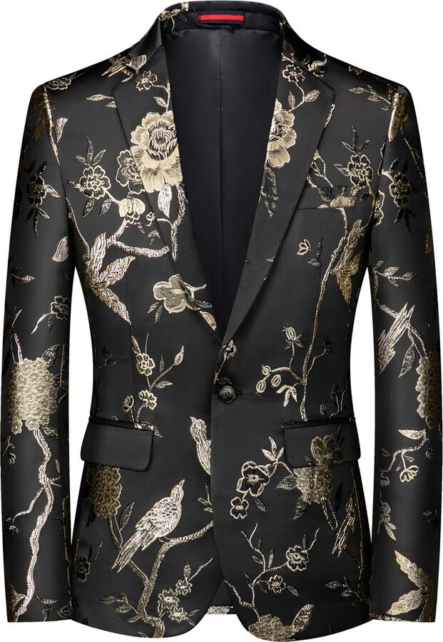 YOUTHUP Mens Embroidery Blazer Slim Fit Flowery Suit Jacket Stylish