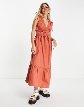 Topshop elasticated ruched waist pinny dress in rust