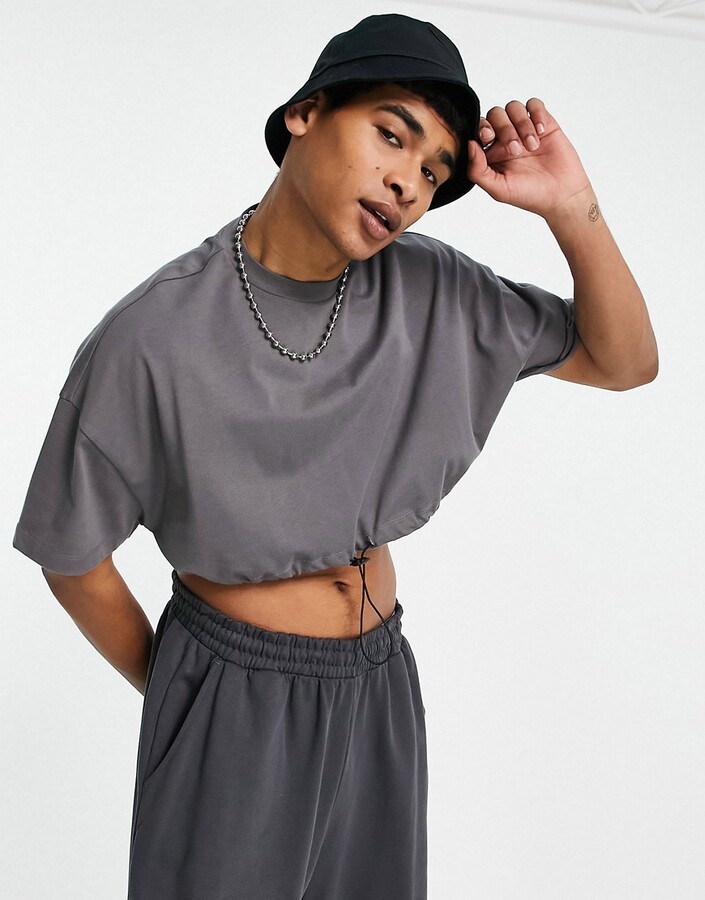 ASOS DESIGN heavyweight oversized crop t-shirt with toggle in washed black  - ShopStyle