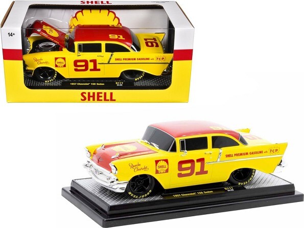 M2 Machines 1957Chevrolet150Sedan#91YellowwithRedHoodandTop"ShellOil"LtdEdto6250pcs1/24DiecastModelCarbyM2Machines
