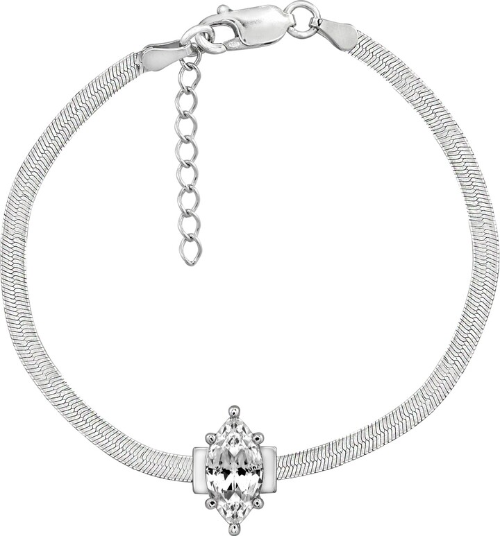 Diamonbliss White Sterling Silver Marquise Cut Herringbone Bracelet