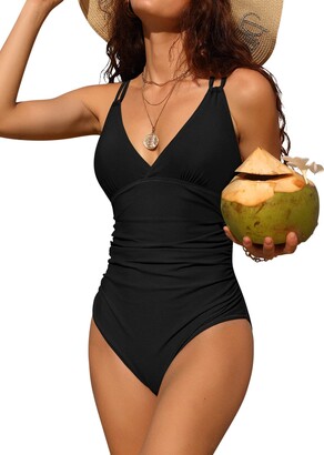 Charmo Women V Neck One Piece Swimsuit Cross Back Swimwear Slimming Tummy Control Bathing Suit Fuchsia S