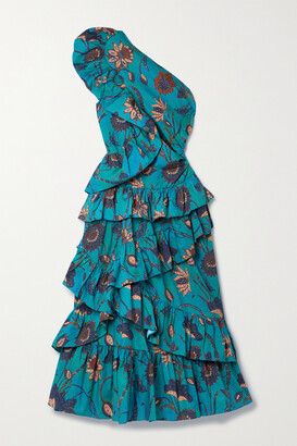 Ulla Johnson Ondine One-shoulder Ruffled Floral-print Cotton Midi Dress - Blue