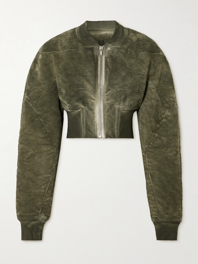 Rick Owens Cropped Bleached Brushed-cotton Bomber Jacket - Green