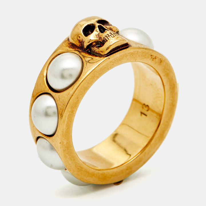 Alexander McQueen Faux Pearl Gold Tone Skull Ring Size 53