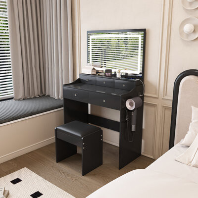 ZHONGSHENGCHUANGZHAN Modern LED Vanity Desk with Large Mirror - Makeup Dressing Table with Power Outlet, Hair Dryer Holder & 5 Drawers, Adjustable Lighting (Warm/Cool/Natu