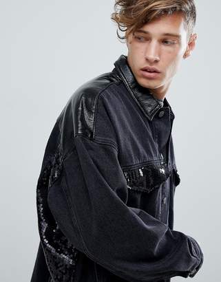 ASOS Design DESIGN oversized denim jacket with vinyl and sequin panels in black