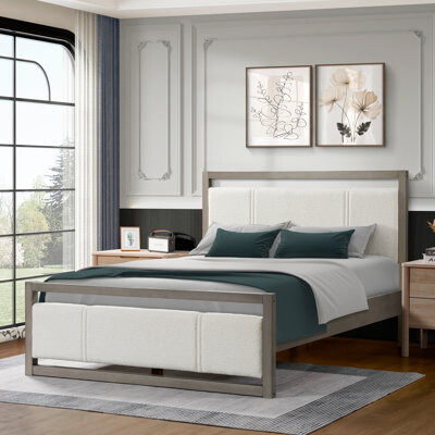 Latitude Run Queen Bed with Ivory Boucle Fabric Headboard, Wood Frame