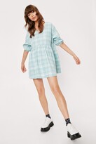 Thumbnail for your product : Nasty Gal Womens Check Print V Neck Puff Sleeve Smock Mini Dress - Green - 10