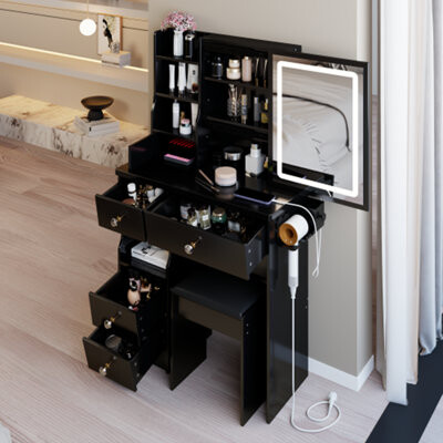 Latitude Run Small Size Left Drawer Desktop Vanity Table + Cushioned Stool