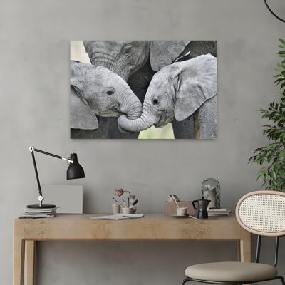 Union Rustic African Elephant Calves Loxodonta Africana Holding Trunks Tanzania Abstract Contemporary Forest Landscape Art