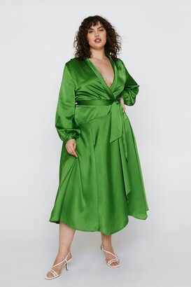 Nasty Gal Womens Plus Size Satin Wrap Midi Dress - Green - 18