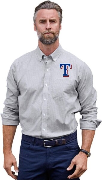 Cutter & Buck TexasRangersCutter&BuckStretchOxfordStripeMensLongSleeveDressShirt-Charcoal-2XLarge