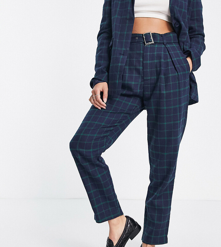 Heartbreak Petite belted tailored trousers in navy and green check
