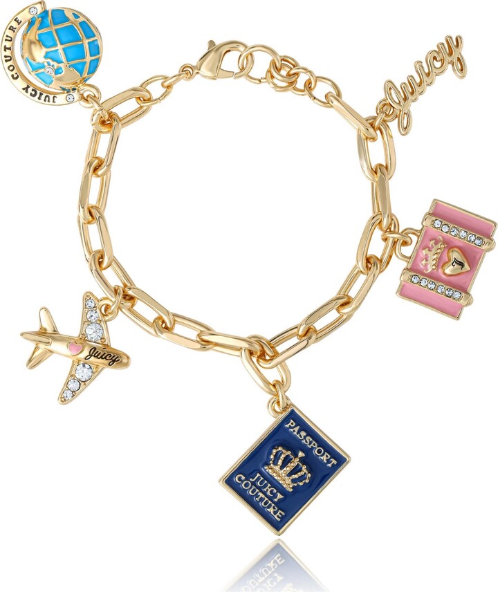 Juicy Couture Travel Icons Charm Bracelet Gold Tone with Blue & Pink Enamel - Gold tone/blue pink