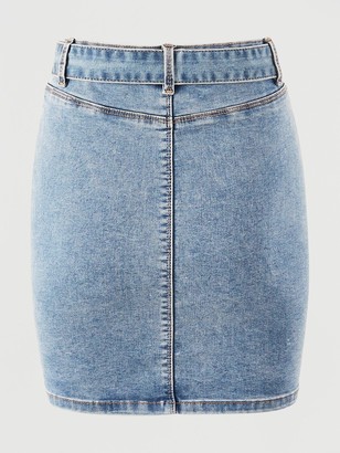 Missguided Feature Buckle Belt Stretch Denim Skirt - Blue