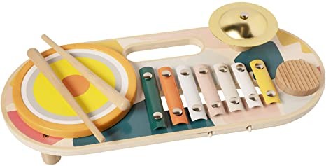Manhattan Toy Beats to Go Wooden Toddler and Preschool Musical Toy Instrument Xylophone, Drum, Cymbal and Washboard