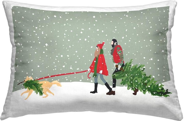 Couple and Christmas Tree Green Print Polyester 14in. X 20in. Throw Pillow