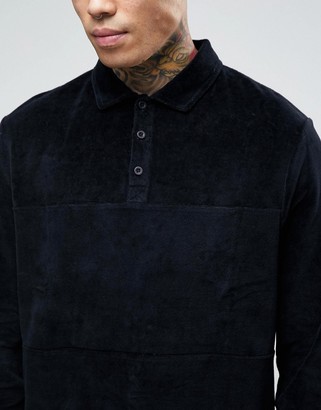 ASOS Longline Long Sleeve Polo Shirt In Black Velour With Rugby Styling
