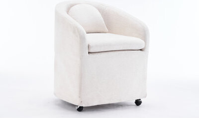 Chenille Fabric Dining Armchair With 21.74 In Depth And Upholstered Back, Beige Foam Filled Wheels,