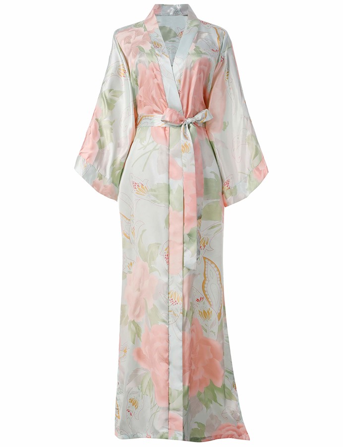 Coucoland Silk Satin Kimono Dressing Gown Peony Floral Kimono Robe for