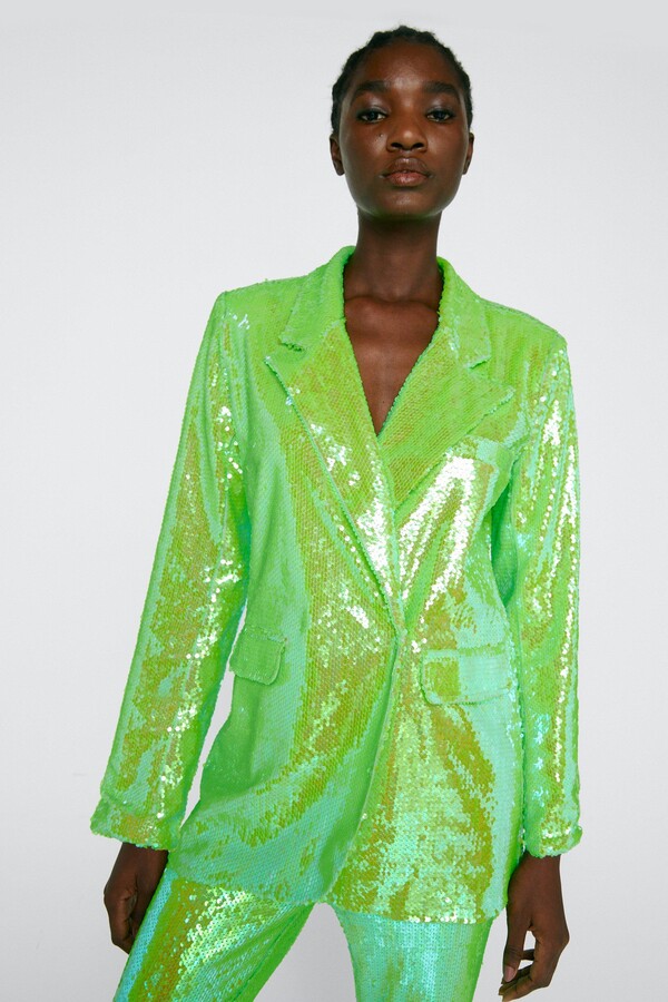 khaki green jacket with gold sequin sleeves