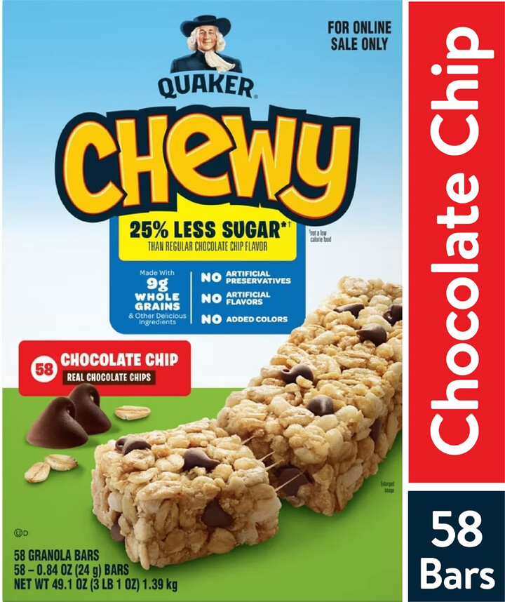 Quaker Chewy Granola Bars, 25% Less Sugar Chocolate Chip, 58 Count