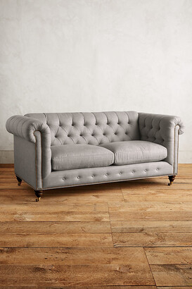 Anthropologie Linen Lyre Chesterfield Petite Sofa, Hickory