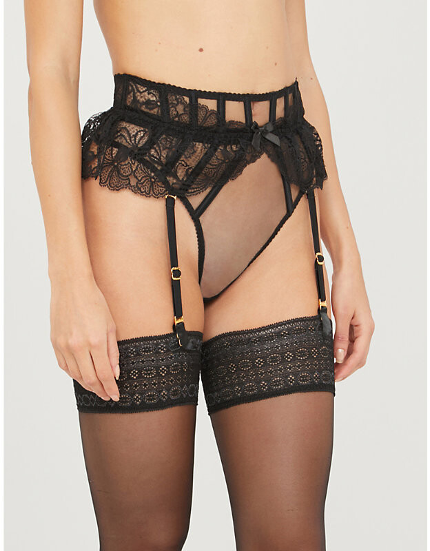 Agent Provocateur Womens Rozlyn Black Rozlyn Mesh and Lace Suspender Thong S