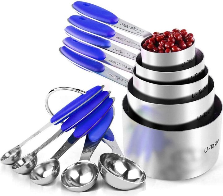 Adrinfly Upgraded 10-Piece Stainless Steel Blue Measuring Cup Set with Dishwasher Safe