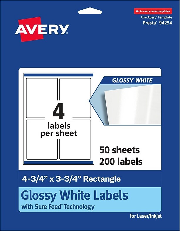 Avery Laser/Inkjet Glossy Multipurpose Labels, White, 4 Labels/Sheet, 50 Sheets/Pack (94254)