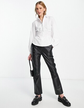 Selected cotton shirt with gathered waist in white - WHITE