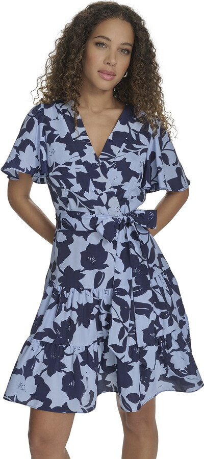Falling Flowers Women’s Floral V-Neck Flutter Sleeve Fit & Flare Dress, Sizes XS-XL
