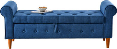 62" Button Bench For Bedroom, Living Room, Foyer In Blue With Rolled Arm Design & Upholstery Fabric Upholstered Bedroom Buttons