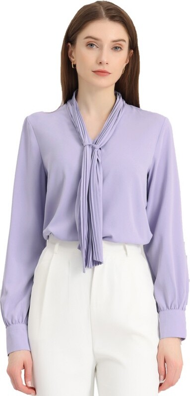 Allegra K Women' Long Sleeve Pleated Tie Neck Office Bloue Light Purple  Small - ShopStyle Blouses