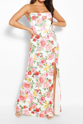 boohoo Floral Print Shaped Bandeau Thigh Split Maxi Dress