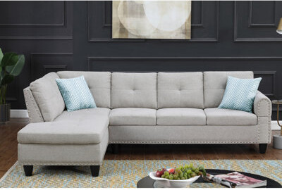 Latitude Run L - Shaped 3 Piece With Rivet Trim Pull Down Middle Seat For Comfortable Entertainment Comes Two Toss Pillows And A Matching Storage  Solid + Engin