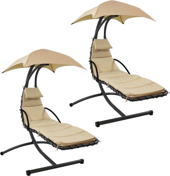 Sunnydaze Decor Sunnydaze Outdoor Hanging Chaise Floating Lounge Chair with Canopy Umbrella and Arc Stand, Beige, pk