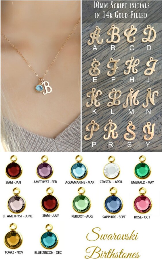 Etsy Script Letter Necklace, Personalized 14K Gold Filled Initial, Swarovski Birthstone, Monogram Letter Bridesmaids A B C D E F H K L N P R S