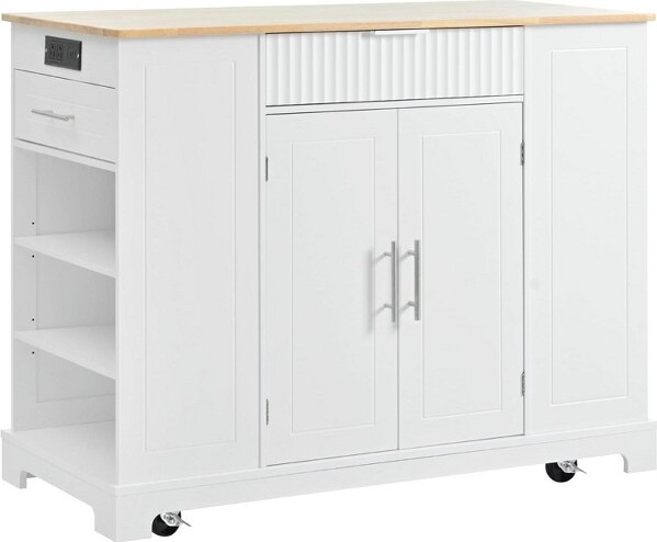 Fulvari Tilt-OutTrashCanKitchenIslandCartMobileRollingSideTablewith5Wheels3DrawersAdjustableShelvesandOpenSideRack