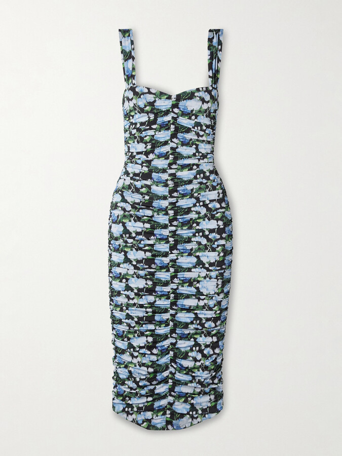 Carolina Herrera Ruched Floral-print Stretch-jersey Midi Dress - Blue
