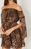 Thumbnail for your product : PrettyLittleThing Leopard Print Bardot Split Sleeve Skater Dress