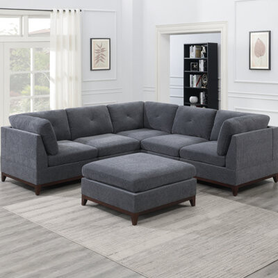 Hokku Designs Chenille Fabric Modular Sectional Set Living Room Furniture Corner Sectional Couch 3X Corner Wedge 2X Armless Chairs And 1X Ottoman Tufted Back
